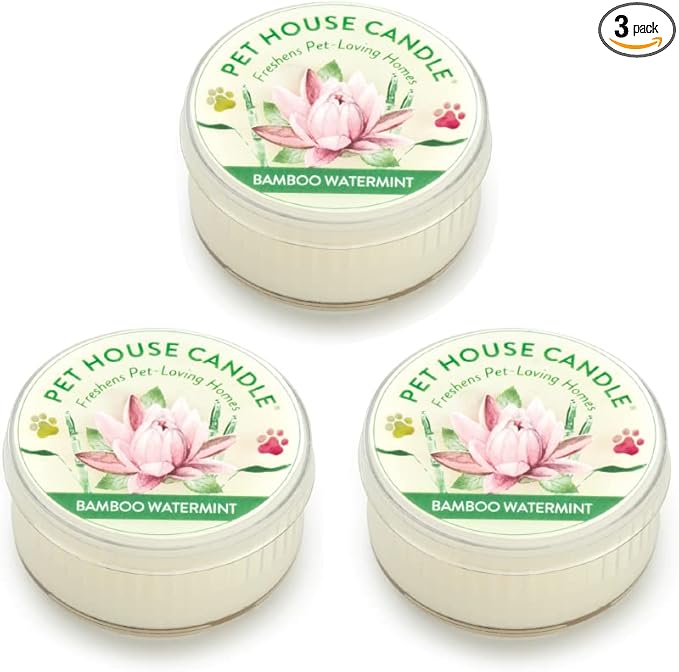 One Fur All Pet House Mini Candles for Pet Odor Made with Natural Soy Wax, Plant Based, Dog and Cat Friendly Scented Candles, Bamboo Watermint Pack of 3