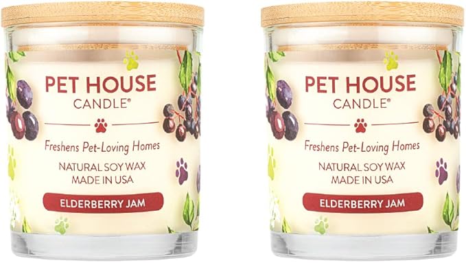 One Fur All Pet House Candle 2 Pack - Plant-Based/Soy, Long Lasting Pet Odor Candle for Home - Elderberry Jam