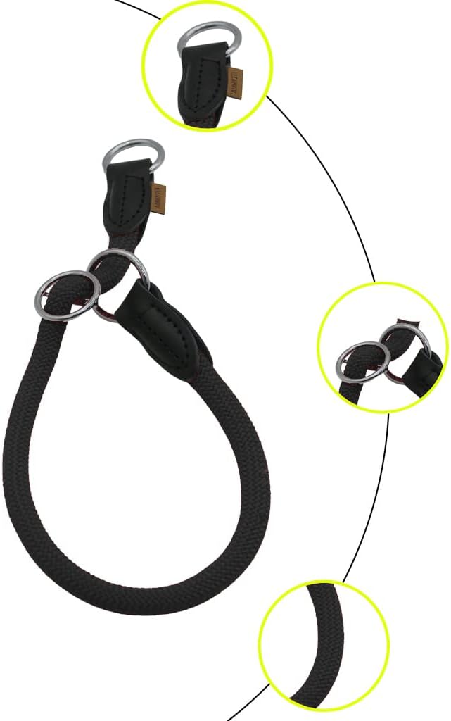 Braided Rope Collar, Pro Training Dog Collar, No Pull Round Martingale Collar, Slip Collar with Slidable Stop Ring - Ideal for Extra Small Dogs (XS (1/4") - 14" Long, Black)