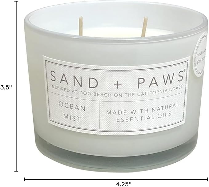 Sand + Paws Scented Candle - Ocean Mist - Additional Scents and Sizes – Luxurious Air Freshening Jar Candles Neutralize pet Odors and Enhance Home décor – 100% Cotton Lead-Free Wicks - 12 oz