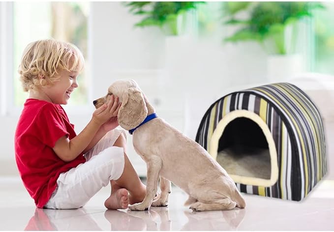 Dog Bed or Cat Bed,2 Ways to Use,Indoor Pet House with Fluffy Mat,Removable and Washable Cover,Splash-Proof House and Non-Slip Bottom,for Cats and Small Dogs(M Vertical Stripes)