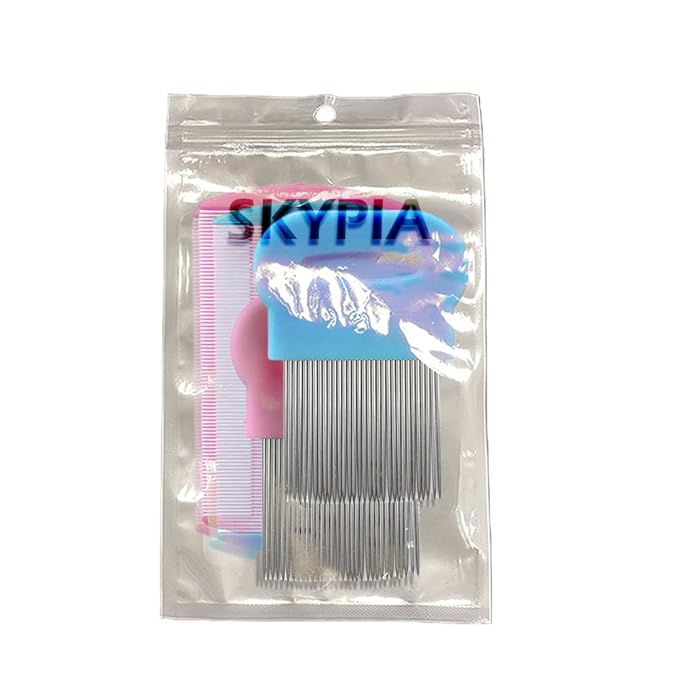 SKYPIA Combs Set, 4 Packs Pet Lice Combs for Cats Dogs Plastic and Stainless Steel Flea Combs, Dandruff Remover, Dog Grooming Comb, Identify Skin Problems, Large, Blue, Pink, Silver