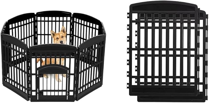 34" 8-Panel Pet Playpen with Door, Medium Large Dog Secure Easy Assemble Easy Storing Customizable + 34''H 2 Add on Panels, Heavy-Duty Molded Plastic Rust-Free Non-Skid Rubber Feet, Black