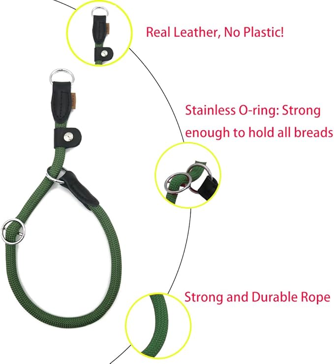 Braided Rope Collar, Training Dog Collar, Round Martingale Collar, Slip Collar with Adjustable Stopper and Slidable Stop Ring - Ideal for Large Dogs (L(1/2") - 20" Long, Dark Green)