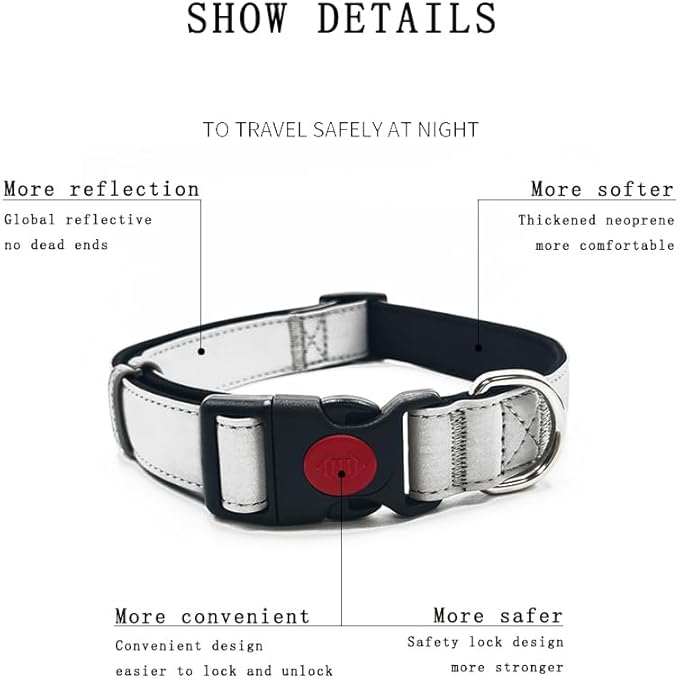 Reflective Dog Collar Soft Neoprene Padded Breathable Nylon Pet Collar Adjustable for Small Medium Large Dogs (Silver, M)