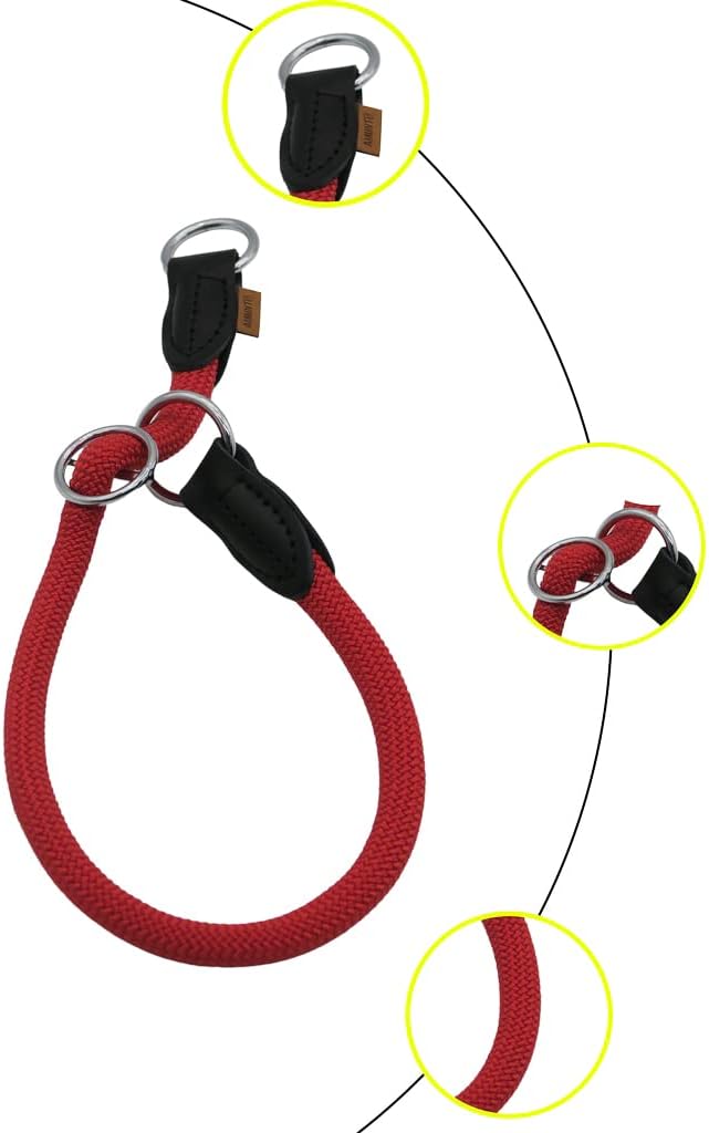 Braided Collar, Pro Training Dog Collar, No Pull Round Collar, Slip Collar with Slidable Stop Ring - Ideal for Small Medium Dogs (M- (1/3") - 18" Long, Red)