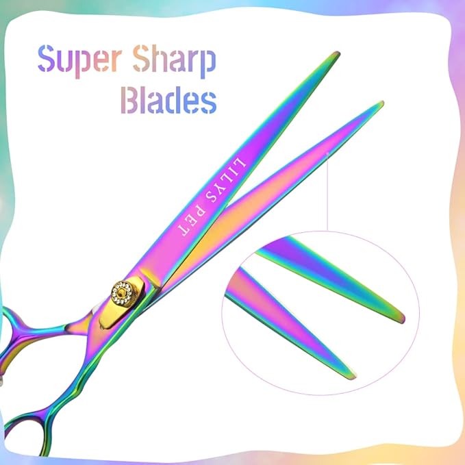 LILYS PET HIGH-END SERIES 8-Inch Japan 440C Rainbow Color Pet Grooming Straight Cutting Scissors,Dog Cat Straight Scissors,Dog Cat Grooming Scissors