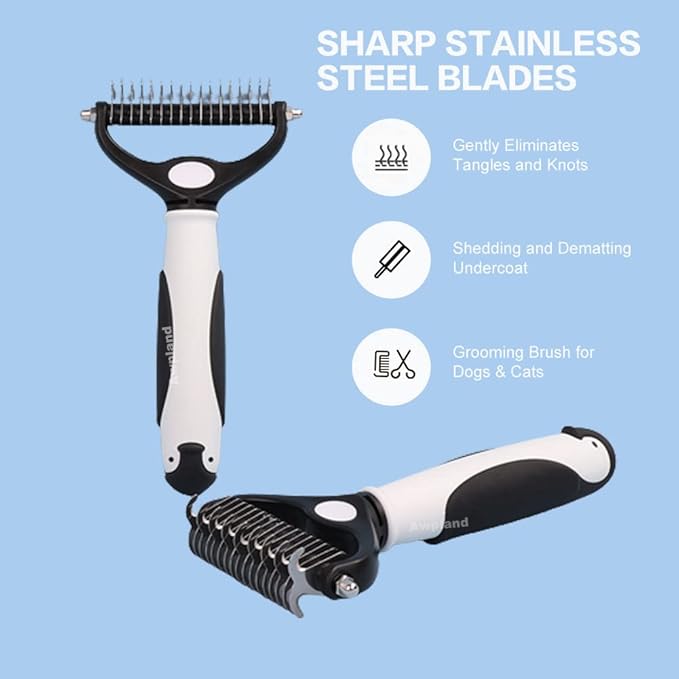 Penguin Pet Hair Brush - Double Sided Sheddind, Dematting Undercoat Rake for Dogs and Cats, 17+9 Teeth Deshedding Brush for Detangling and Dematting Long, Matted Fur on Cats and Dogs