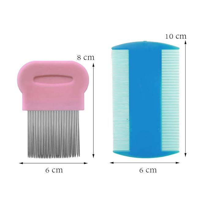SKYPIA Combs Set, 4 Packs Pet Lice Combs for Cats Dogs Plastic and Stainless Steel Flea Combs, Dandruff Remover, Dog Grooming Comb, Identify Skin Problems, Large, Blue, Pink, Silver
