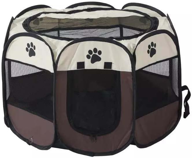 Hentay-Dog Playpen Portable Pet Play Pens for Small Dog,Cat/Rabbit/Chicks, Kitten Pen & Travel Pet Carrier + Carrying Case. (Medium, Brown)