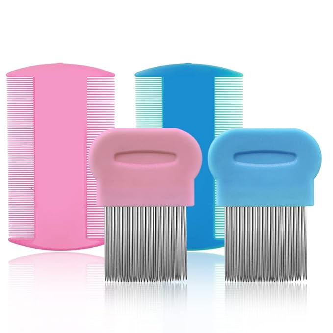 SKYPIA Combs Set, 4 Packs Pet Lice Combs for Cats Dogs Plastic and Stainless Steel Flea Combs, Dandruff Remover, Dog Grooming Comb, Identify Skin Problems, Large, Blue, Pink, Silver