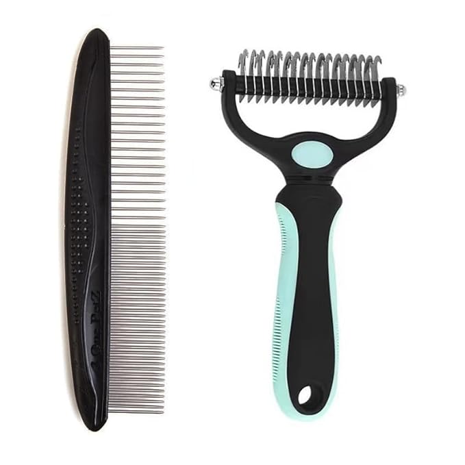 Pet Dematting Tool 2 Pack Double Sided Undercoat Rake & Dematting Comb for Cats and Dogs for Detangling Matted or Knotted Undercoat Hair (Green & Black, Large)