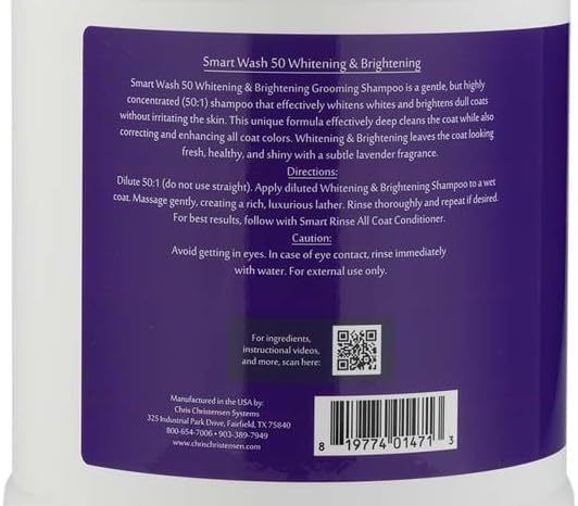 Chris Christensen SmartWash50 Whitening & Brightening Ultra Concentrated Dog Shampoo, Makes up to 50 Bottles, Groom Like a Professional, Lavender Fragrance, Made in USA, 1 gal