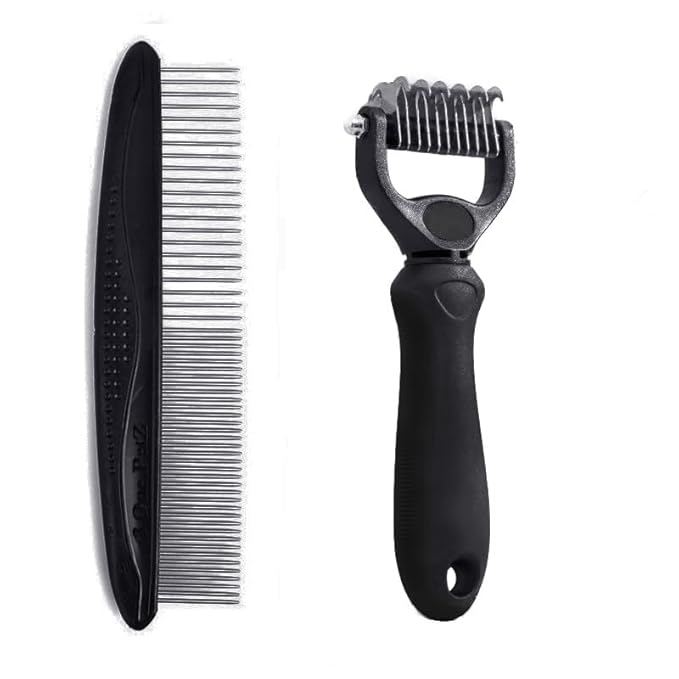 Pet Dematting Tool 2 Pack Double Sided Undercoat Rake & Dematting Comb for Cats and Dogs for Detangling Matted or Knotted Undercoat Hair (Black, Small)