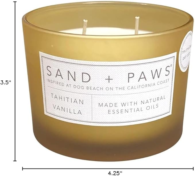 Sand + Paws Scented Candle - Tahitian Vanilla –Luxurious Air Freshening Jar Candles Neutralize pet Odors and Enhance Home décor – 100% Cotton Lead-Free Wicks - 12 oz