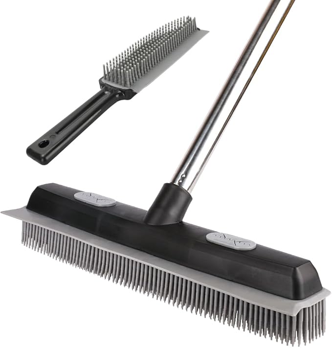 Pet Hair Rubber Broom with Carpet Rake and Pet Brush, 2 in 1 Floor Brush for Carpet, 62 inch Adjustable Handle