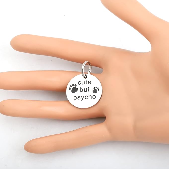Gzrlyf Cute But Psycho Cat Tag Pet Collar Tags for Cats Funny Cat Tags for Collar Engraved Dog Tag Pet Gifts for Dogs Cats