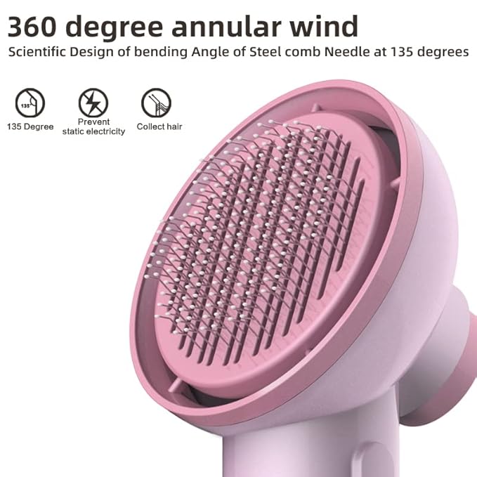 Portable 2-in-1 Gentle Grooming Blower Dryer with Slicker Brush for Dogs and Cats (Sakura Pink)