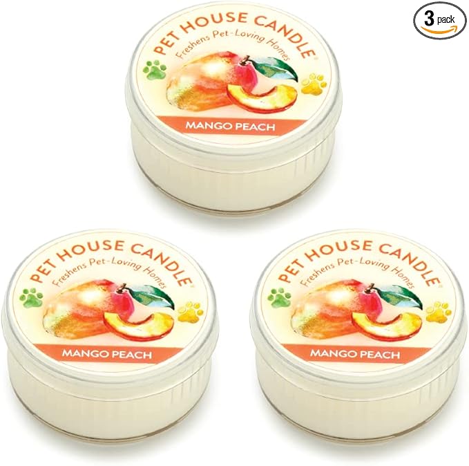 One Fur All Pet House Mini Candles for Pet Odor Made with Natural Soy Wax, Plant Based, Dog and Cat Friendly Scented Candles, Mango Peach Pack of 3