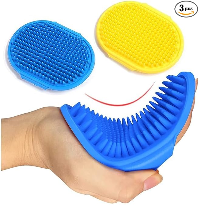 JASLAH 3 PCS Set, Pet Massage Brush Dog Bath Brush for Long/Short Hair Pet Shampoo Brush Soft Silicone Comb for Pets Grooming Bathing Tool Dog Hair Removal Tool, Blue+Yellow+Pink