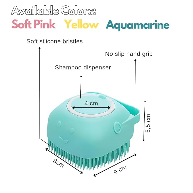 Silicone Pet Bath Brush with Shampoo Dispenser - For Dogs, Cats, and Puppies - Aquamarine Color
