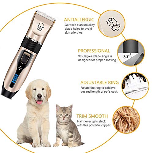 Professional USB Dog Clippers Low Noise Rechargeable Pet Trimmers Cordless Pet Grooming Kit Electric Pet Hair Clippers Dog Shavers with LED Display Nail Kits Replacement Blade
