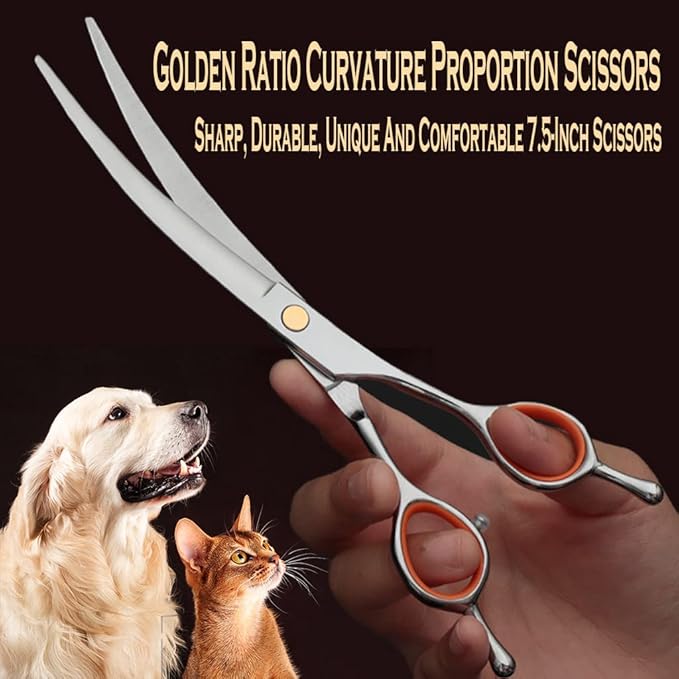 AIRY 7.5-in Professional Dog Grooming Scissors Set - Premium Stainless Steel Scissors Kit Including Straight Cutting, Thinning Shears, Curved Scissors,Comb and Storage Bag,Pet Grooming Kit for Dogs