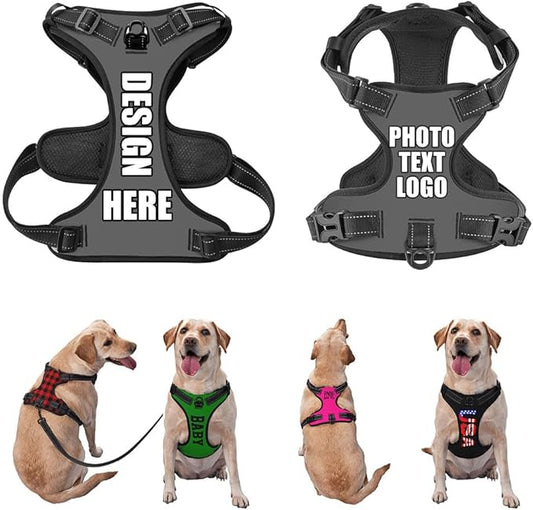 Personalized Pet Harnesses with Name and Phone Number, Heavy Duty Dog Harness with Leash Set Customization, Customizable No Pressure Pet Vest with You Own Design, DimGray, M