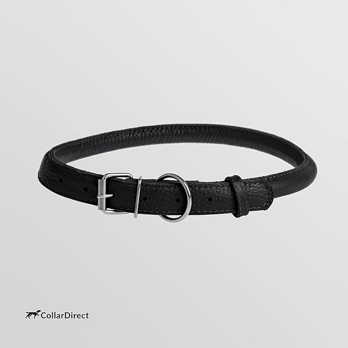 CollarDirect Rolled Leather Dog Collar, Soft Padded Round Puppy Collar, Handmade Genuine Leather Collar Dog Small Large Cat Collars 13 Colors (13-16 Inch, Black Textured)