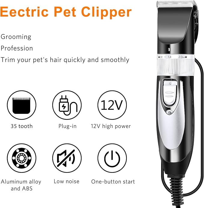 Mudder Electric Goat Clipper 12V High Power Dog Shaver Clipper for Grooming Low Noise Plug-in Pet Trimmer Grooming Clipper with 4 Guide Comb 1 Replacement Cutter Head 1 Cleaning Brush (Black)