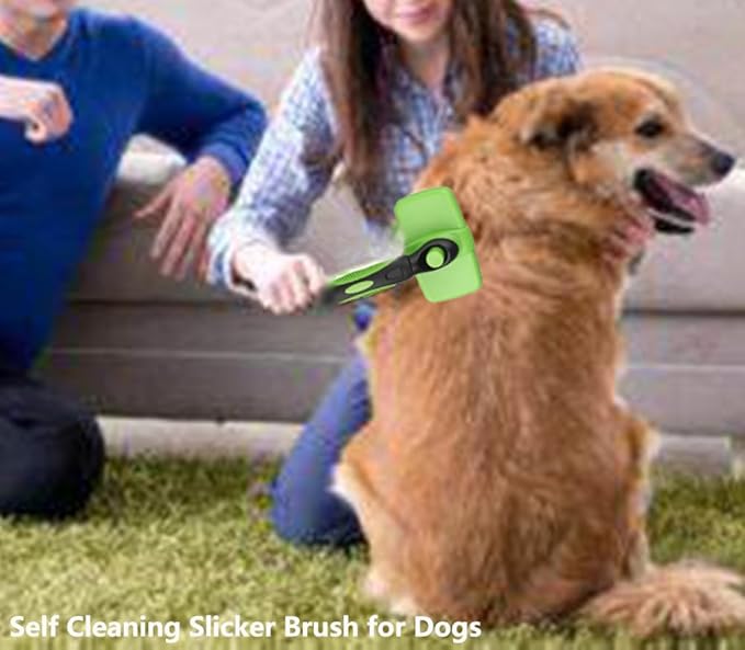 Self Cleaning Slicker Brush for Dogs Cats Brush for Shedding Grooming Brushes for Long Short Haired Pets (Green)