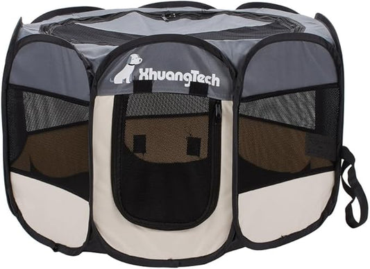Foldable Pet Dog Playpen, Pop Up Portable Cat Playpen, Indoor/Outdoor for Kitten Puppy Play Pen, Cats Crate Tent with Carrying Bag, 600D Oxford (Grey + Beige, Medium (31.5"x31.5"x23"), 8)