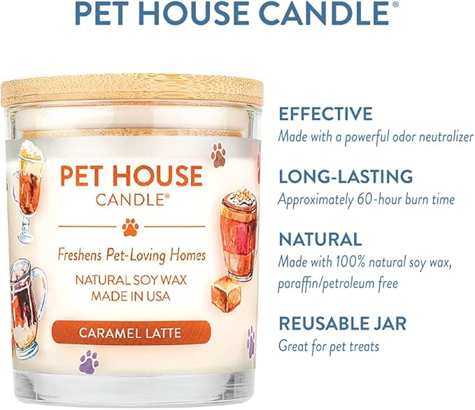 One Fur All Pet House Candle 2 Pack -Plant-Based/Soy Candle - Clean Burning Scented Candles, Long Lasting Pet Odor Candle for Home - Caramel Latte