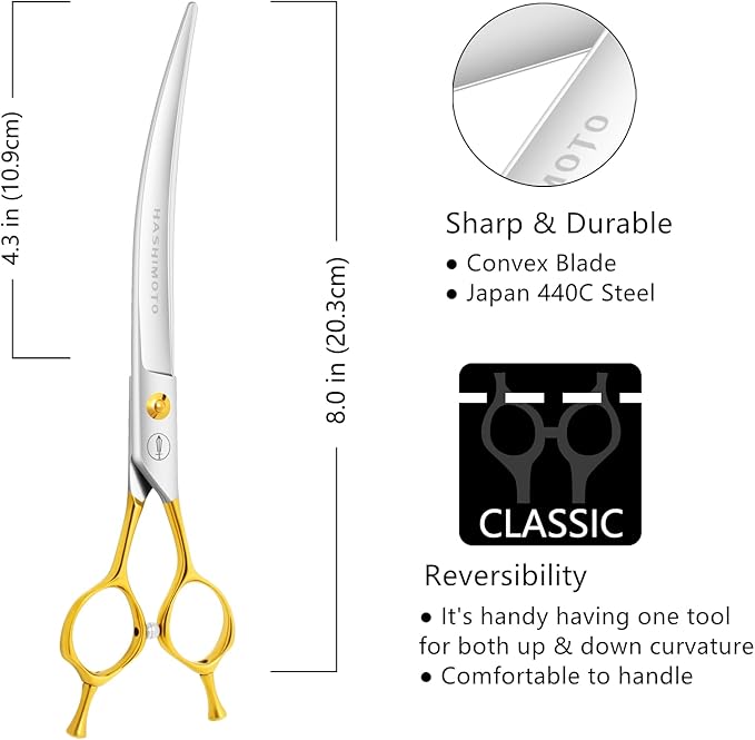 HASHIMOTO Curved Scissors for Large Dog Grooming,8.0 inches, Designed for Professional Groomers or Family DIY Use.