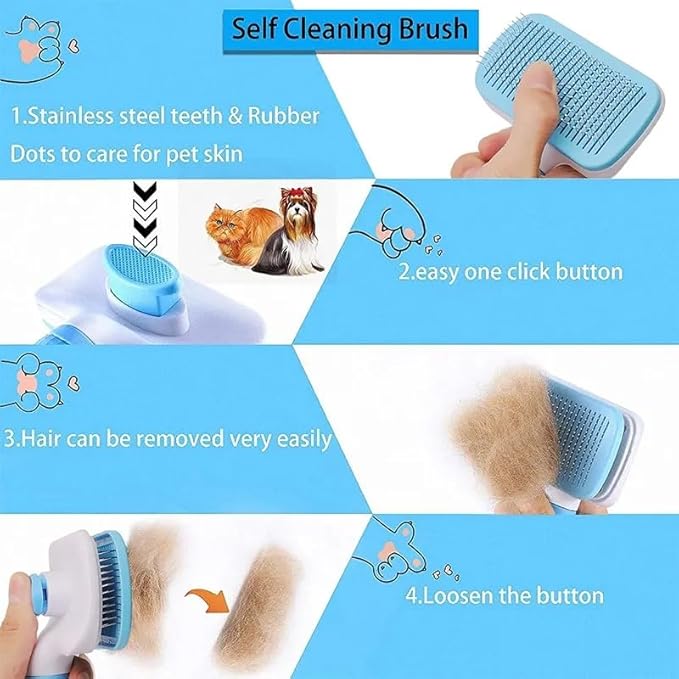 Pet Grooming Brush, Blue - Self Cleaning Hair Brush for Dogs and Cats, Removes Loose Undercoat, Bristles with Massage Particles, Ergonomic Handle, For Long or Short Hair Breeds