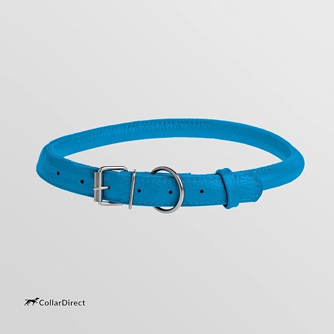 CollarDirect Rolled Leather Dog Collar, Soft Padded Round Puppy Collar, Handmade Genuine Leather Collar Dog Small Large Cat Collars 13 Colors (16-20 Inch, Blue Textured)'