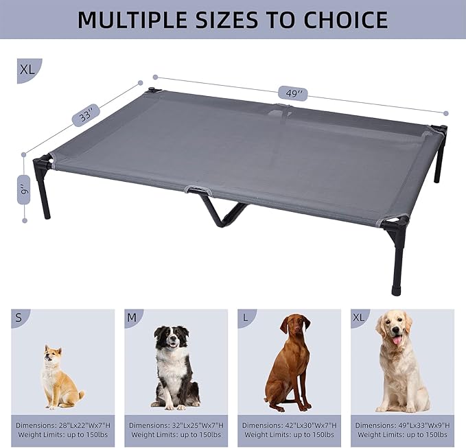 pettycare Elevated Outdoor Dog Bed - Dog Cots beds for Large Dogs XL, Heavy Duty Raised Dog Bed Waterproof, Cooling Elevated Dog Bed with Washable Teslin Mesh, Durable, Non Slip, 49 Inches, Grey