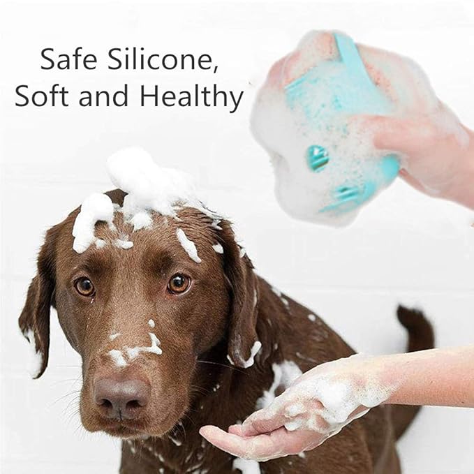 Portable Dog Bath Brush - Pet Massage Brush Shampoo Dispenser Soft Silicone Brush Rubber Bristle for Dogs and Cats Shower Grooming (Blue)