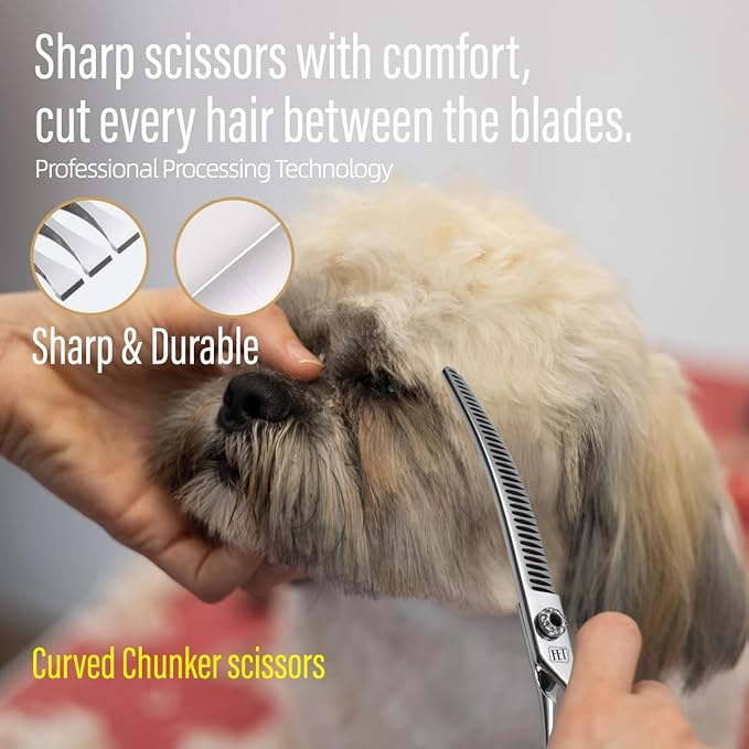 Dog Grooming Scissors: 7 inch Pet Curved Chunker Shears Made Of Japanese 440C Advanced Stainless Steel Professional Grooming Scissors for Dogs Cats and Other Pets