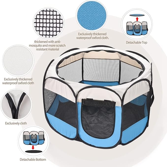 Foldable Pet Dog Playpen, Pop Up Portable Cat Playpen, Indoor/Outdoor for Kitten Puppy Play Pen, Cats Crate Cage Tent with Carrying Bag, 600D Oxford (Sky Blue + Beige, Small (26"x26"x18"), 8)