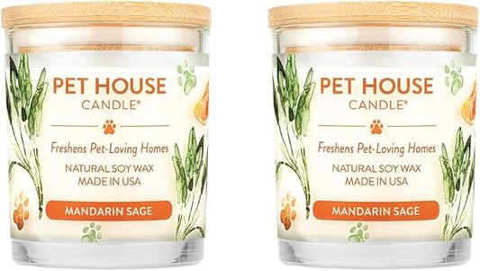 One Fur All Pet House Candle 2 Pack - Plant-Based Soy Candle - Long Lasting Pet Odor Elimination - Mandarin Sage Scent