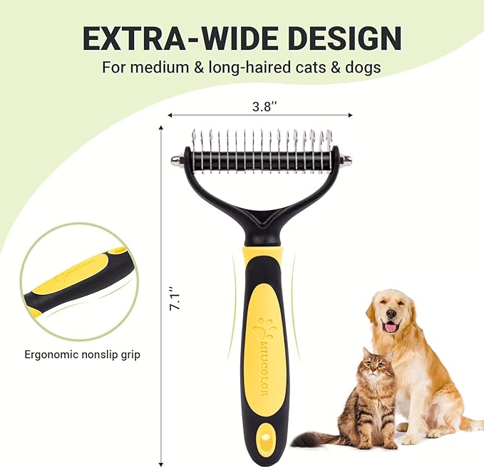MIU COLOR Pet Grooming Brush, 2 Sided Undercoat Rake for Dogs & Cats, Professional Deshedding Brush and Dematting Tool, Effective Removing Knots, Mats, Tangles for Cats, Dogs, Extra Wide (Yellow)