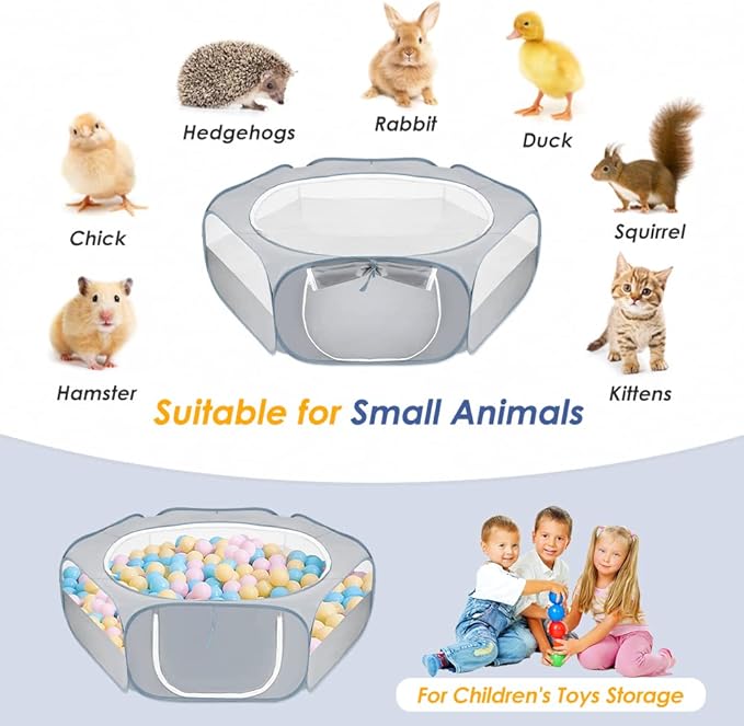 SlowTon Small Animal Playpen Portable - Durable Cat Playpen with Reinforced Mesh, Foldable Pet Playpen Exercise Play Pen with Zipper Top Cover Puppy Fence Kitten Rabbit Ferret Chinchilla (M,Grey)