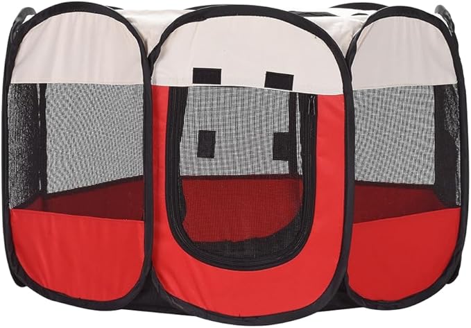 Foldable Pet Dog Playpen, Pop Up Portable Cat Playpen, Indoor/Outdoor for Kitten Puppy Play Pen, Cats Crate Tent with Carrying Bag, 600D Oxford (Red + Beige, Medium (31.5"x31.5"x23"), 8)