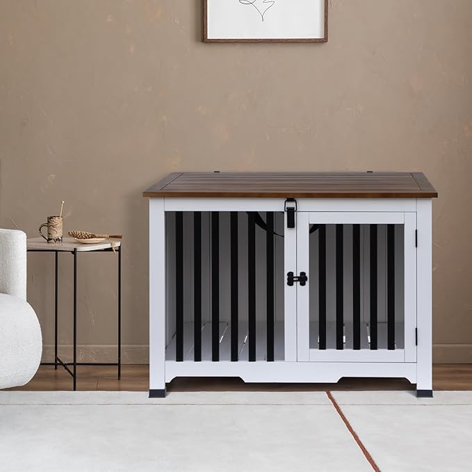 Wooden Dog Crate Furniture,Foldable and Portable Dog Kennel Furniture Indoor,Decorative Dog Crate End Table No Assembly.(Large,White)