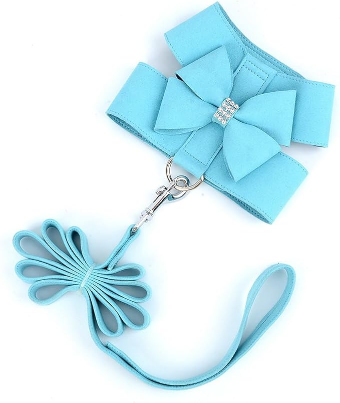 SELMAI Bling Rhinestone Dog Harness Bow Girls Soft Suede Leather for Small Pet Puppy Doggie Cat Girls Vest Collar Leash Set Adjustable/No Pull Chihuahua Yorkie Harness Walking Running Blue S