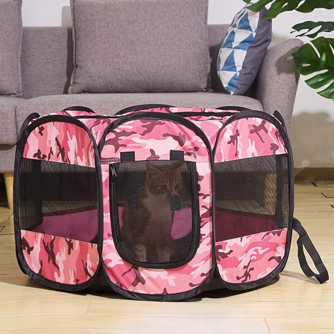 Foldable Pet Dog Playpen, Pop Up Portable Cat Playpen, Indoor/Outdoor for Kitten Puppy Play Pen, Cats Crate Tent with Carrying Bag, 600D Oxford (Camo Pink, Medium (31.5"x31.5"x23"), 8)