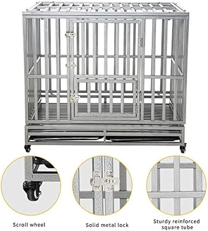 LUCKUP 42" Heavy Duty Dog Cage Metal Kennel and Crate for Medium and Large Dogs Pet Playpen with Four Lockable Casters Indoor Silver