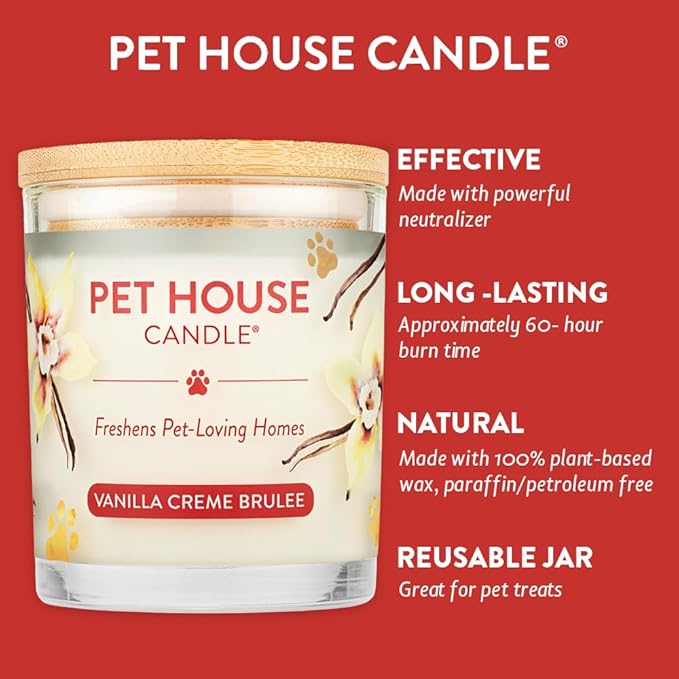 One Fur All Pet House Candle 2 Pack - Plant-Based/Soy Candle - Clean Burning Scented Candles, Long Lasting Pet Odor Candle for Home - Vanilla Crème Brulee