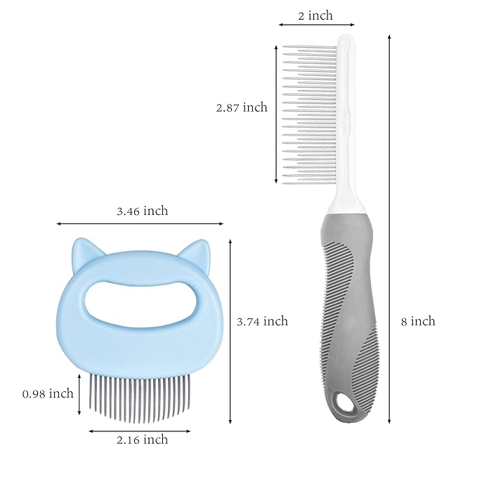 SKYPIA Dog & Cat Combs For Home Grooming Massage Kit – 2-IN-1 Detangler Brush with Massaging Shell Comb For Long & Curly Hair, Removes Knots, Mats and Tangles Pet Hair Remover Soft Dematting and Deshedding For Dog Puppy Rabbit (Blue, 2 Pcs)